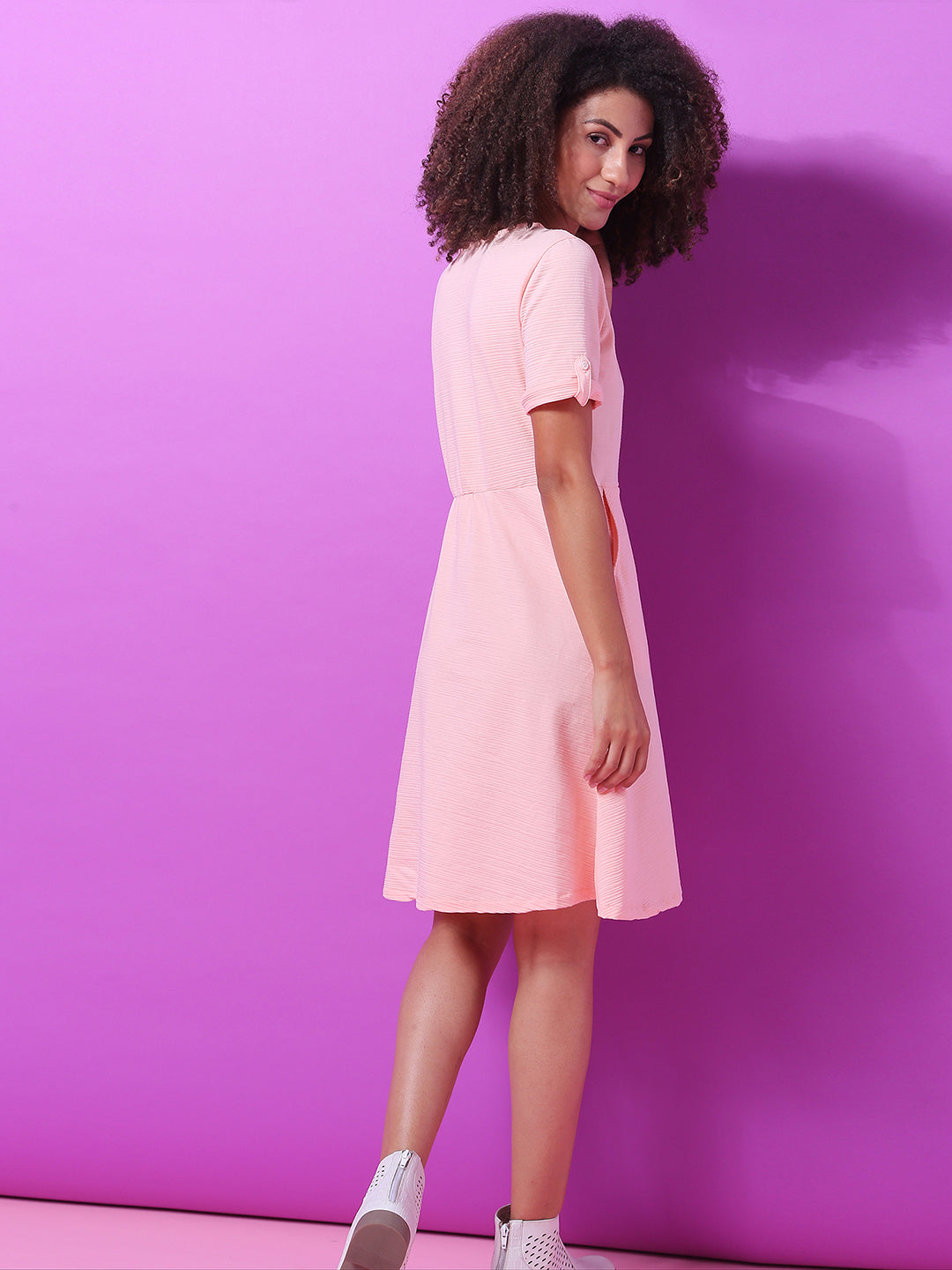 Women Pink Textured Skater Dress