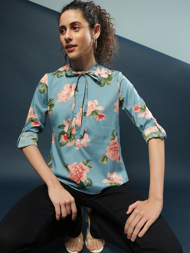 Women Blue Retro Floral Shirt