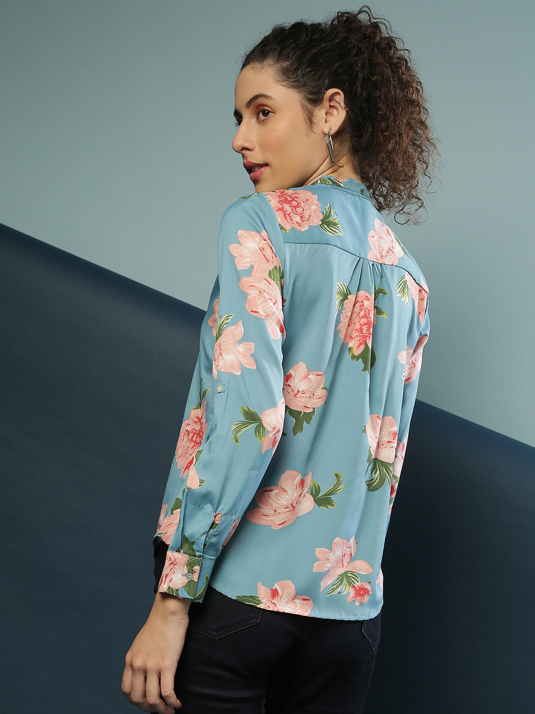 Women Blue Retro Floral Shirt