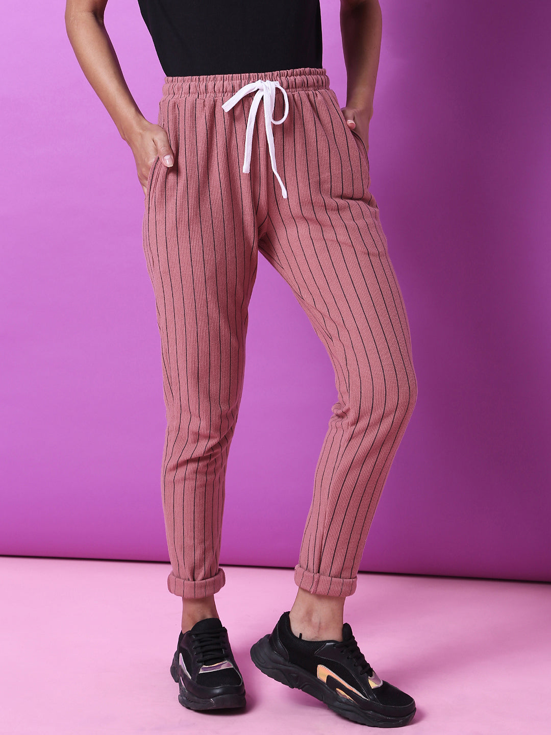 Women Pink Pinstriped Trackpants