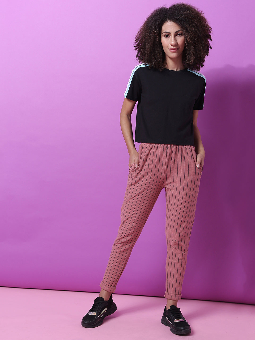 Women Pink Pinstriped Trackpants