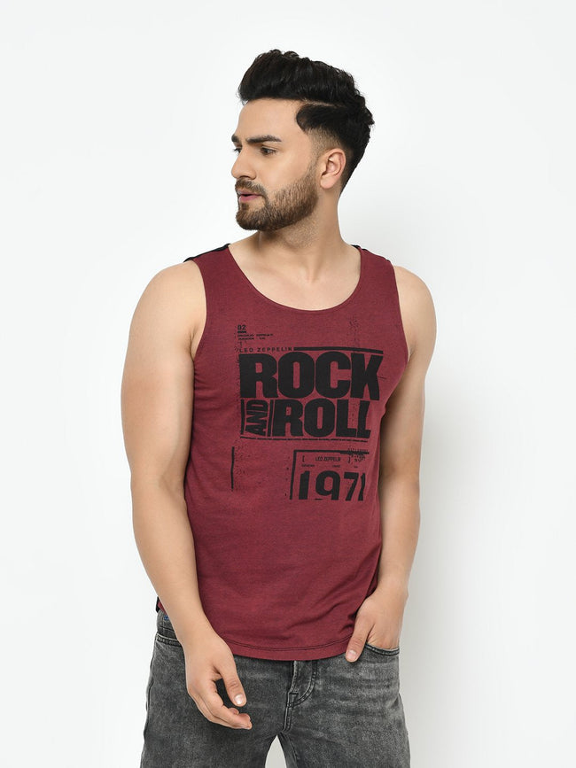Men Maroon Black Placement Print With Curved Bottom Cotton Sleeveless TShirt Vest