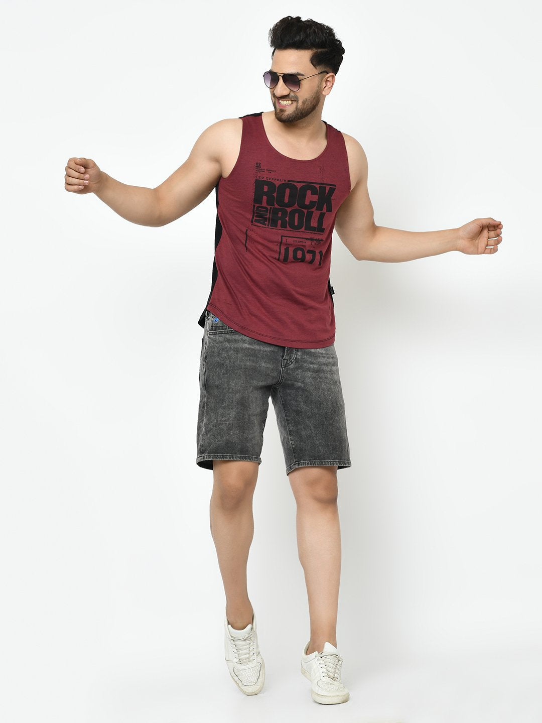 Men Maroon Black Placement Print With Curved Bottom Cotton Sleeveless TShirt Vest