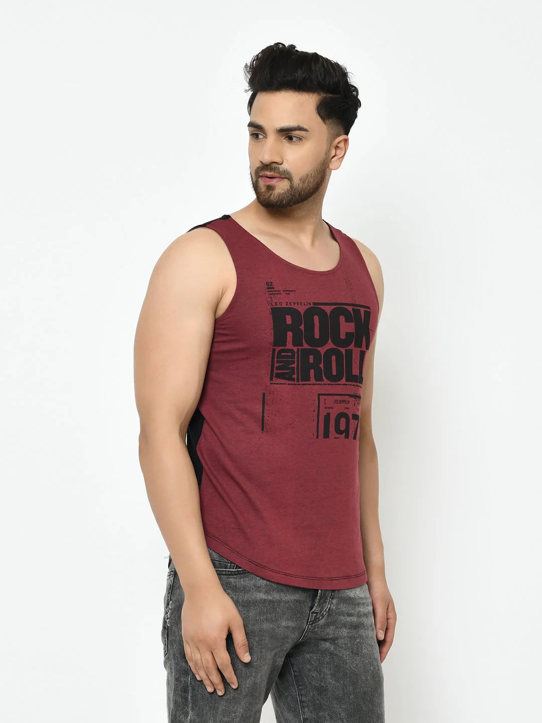 Men Maroon Black Placement Print With Curved Bottom Cotton Sleeveless TShirt Vest