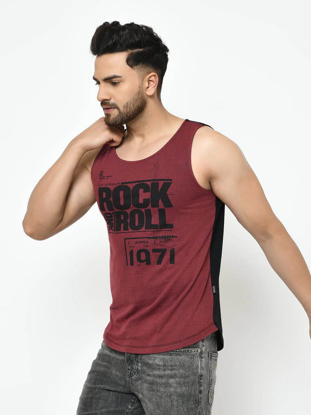 Men Maroon Black Placement Print With Curved Bottom Cotton Sleeveless TShirt Vest