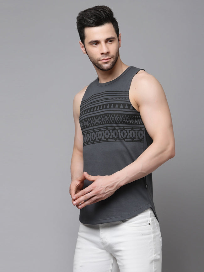Men Dark Grey Placement Print With Curved Bottom Sleeveless T-Shirt Vest