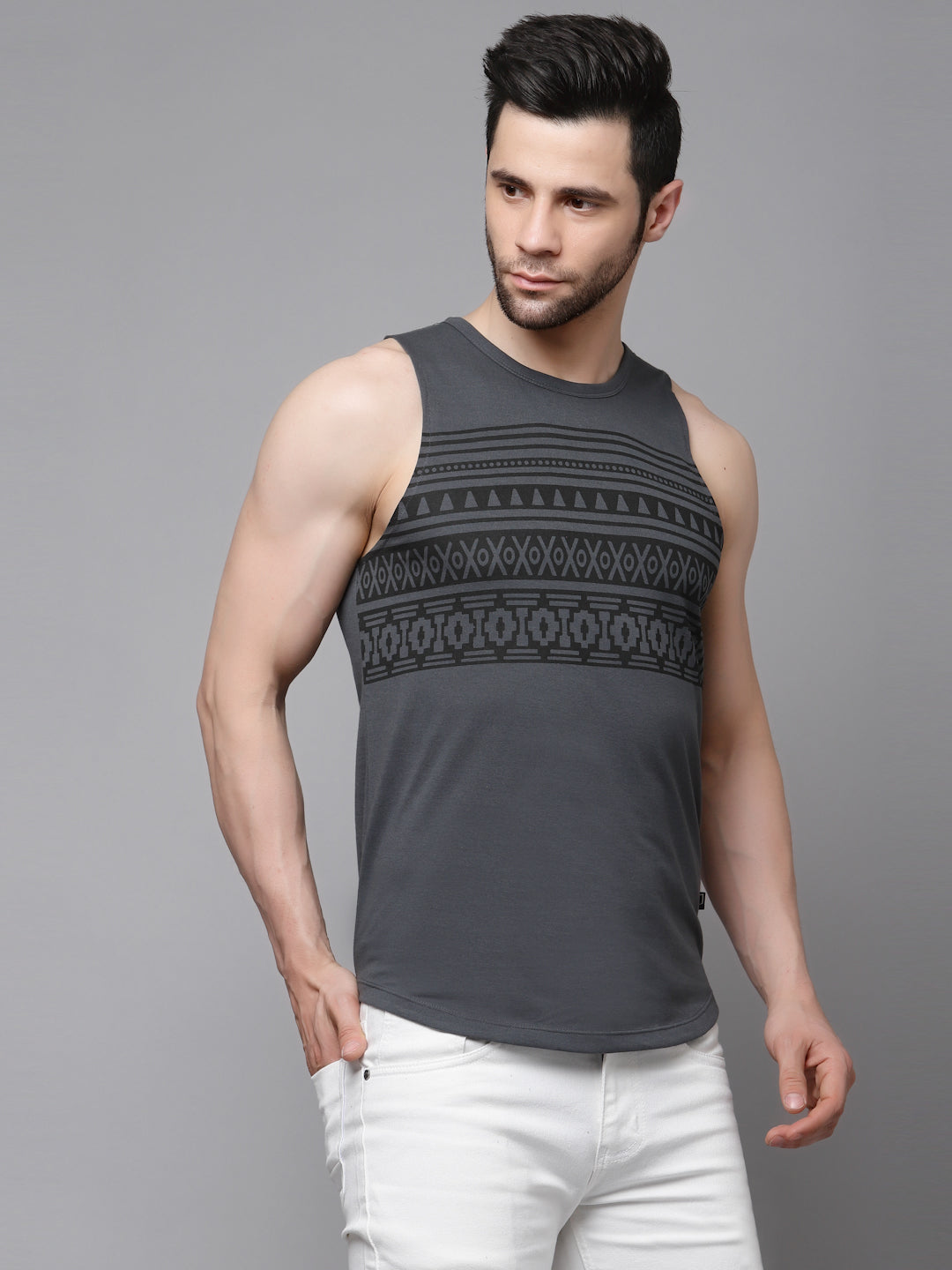 Men Dark Grey Placement Print With Curved Bottom Sleeveless T-Shirt Vest