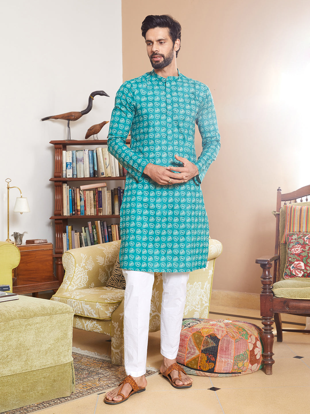 Men Sea Green And White Cotton Kurta