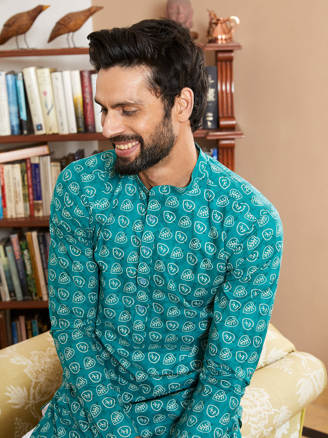 Men Sea Green And White Cotton Kurta