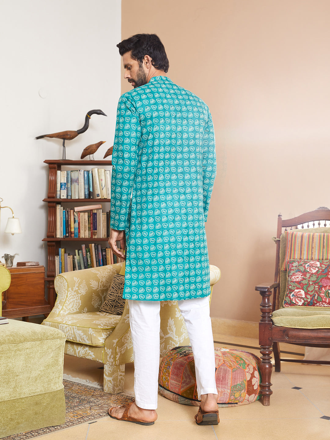 Men Sea Green And White Cotton Kurta
