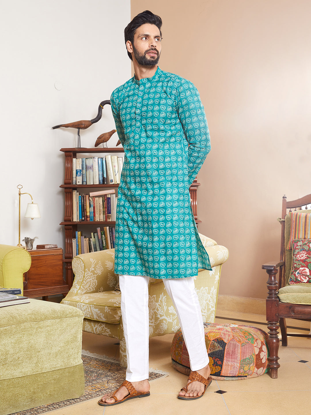 Men Sea Green And White Cotton Kurta