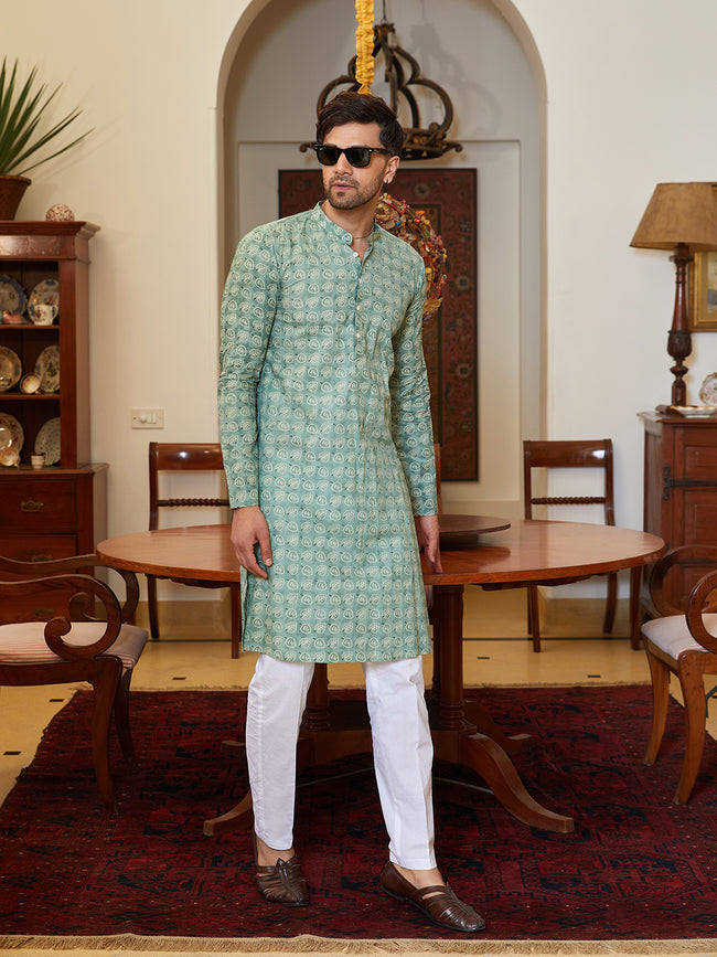 Men Green Cotton Leaf Print Straight Kurta