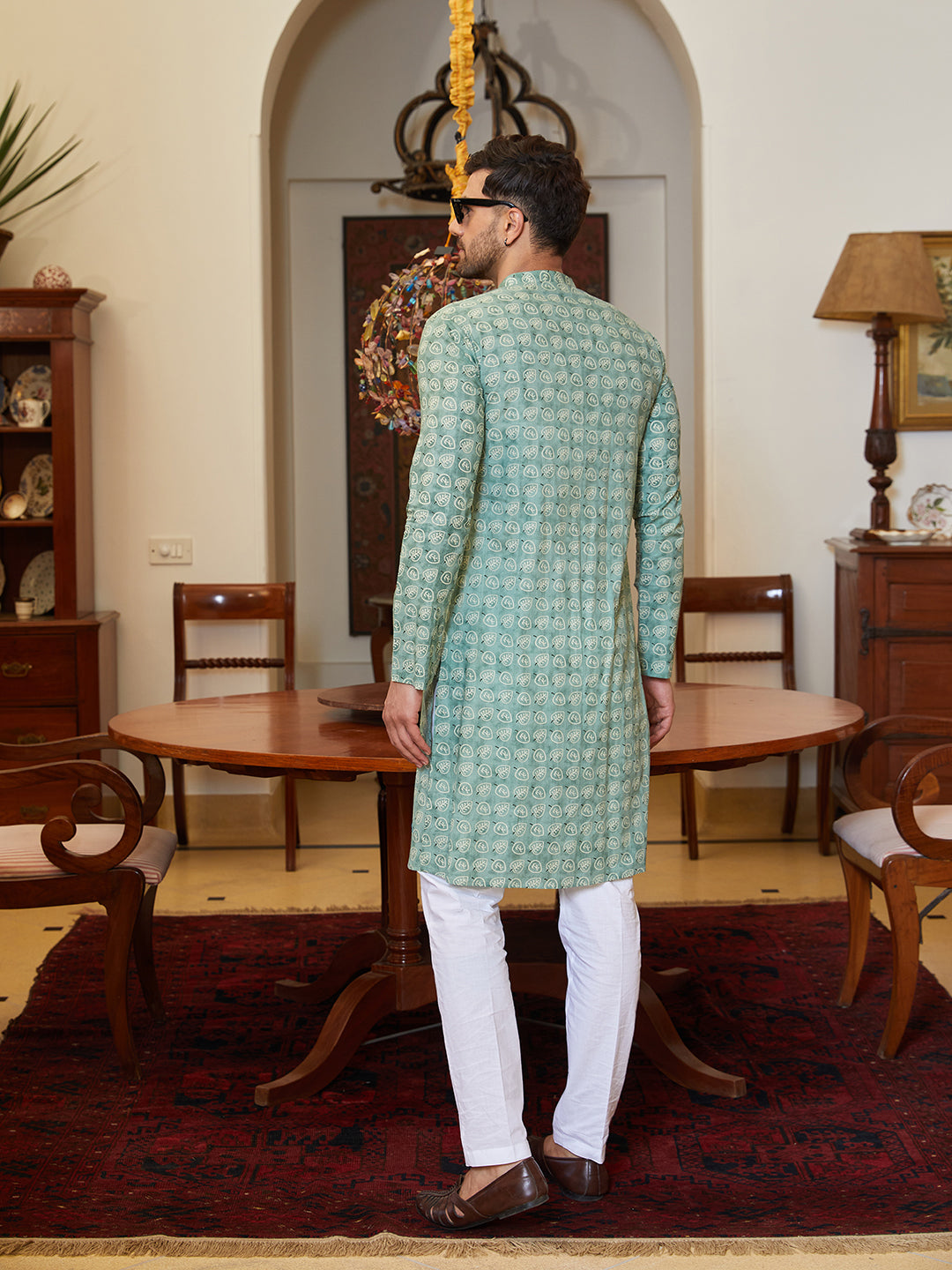 Men Green Cotton Leaf Print Straight Kurta