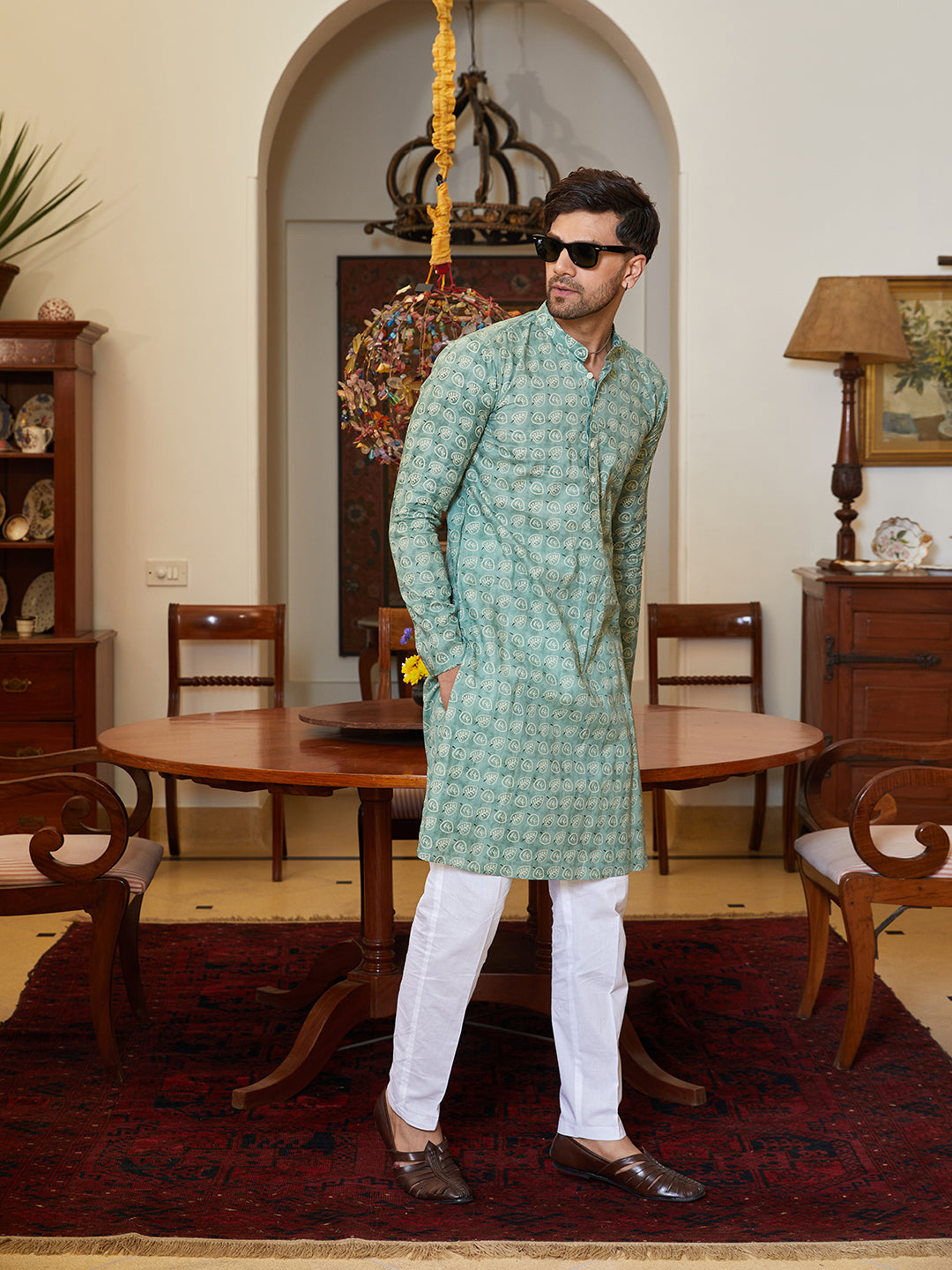 Men Green Cotton Leaf Print Straight Kurta