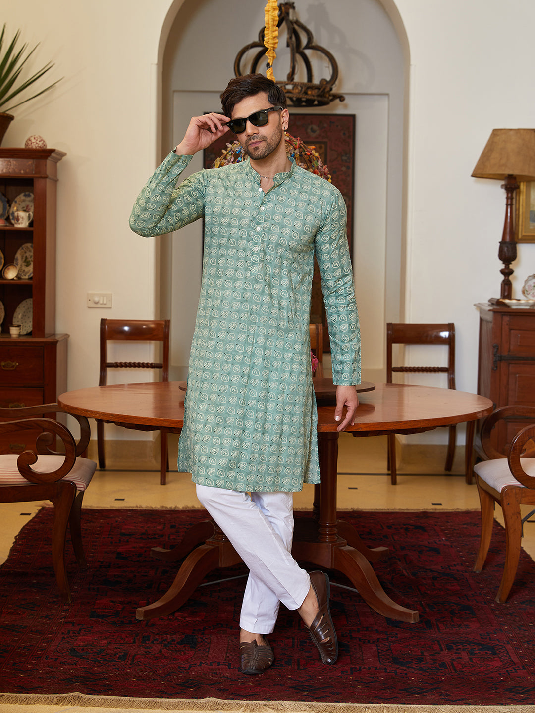 Men Green Cotton Leaf Print Straight Kurta