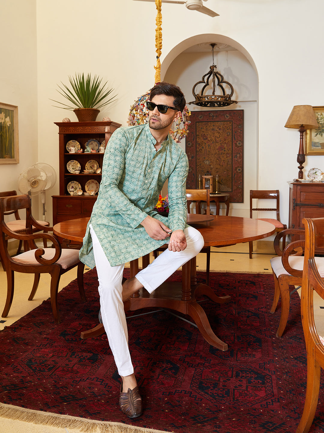 Men Green Cotton Leaf Print Straight Kurta