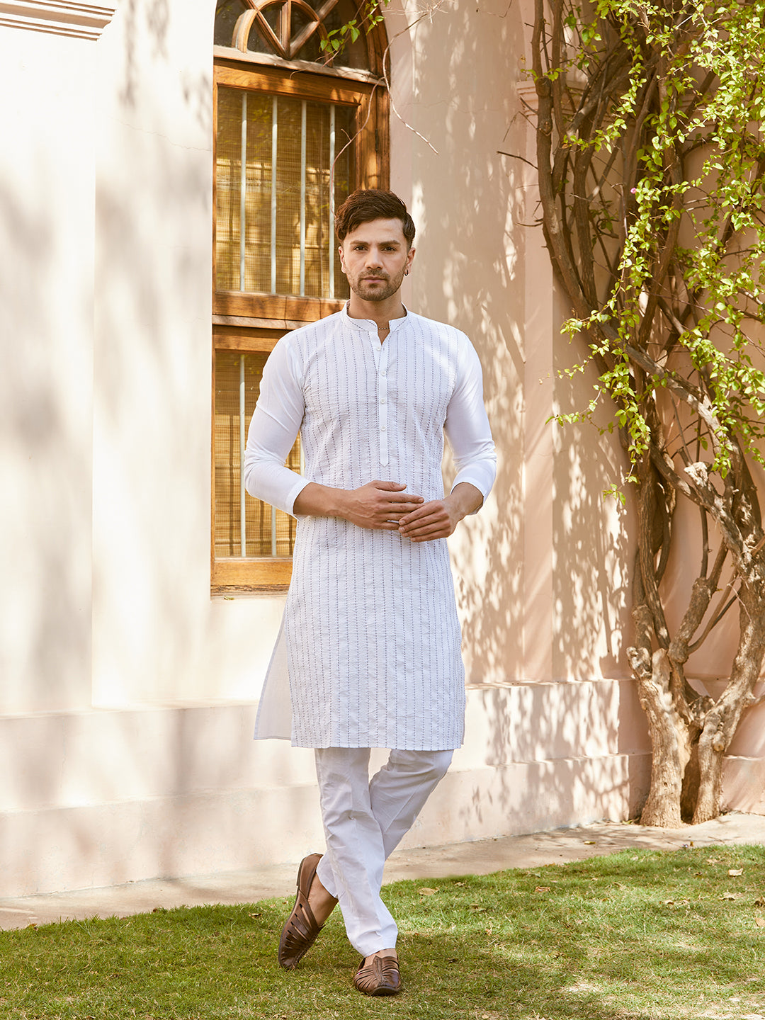 Men White Cotton Pintex Design Kurta