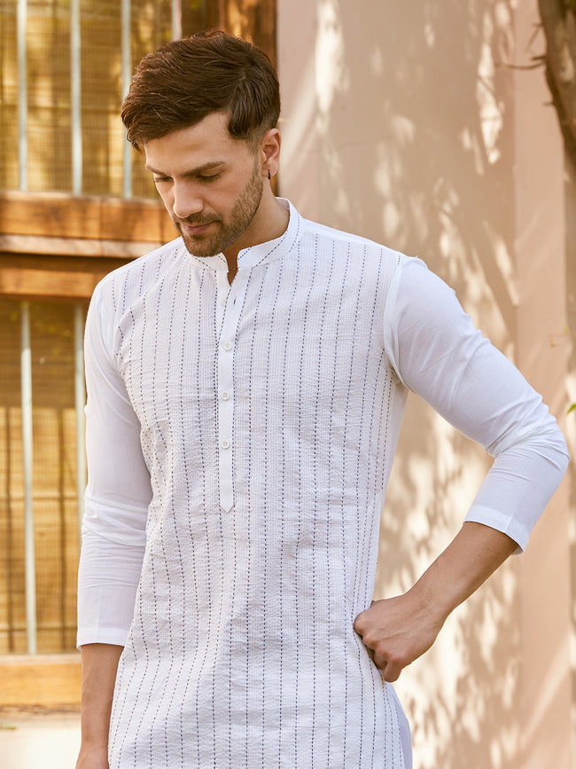 Men White Cotton Pintex Design Kurta