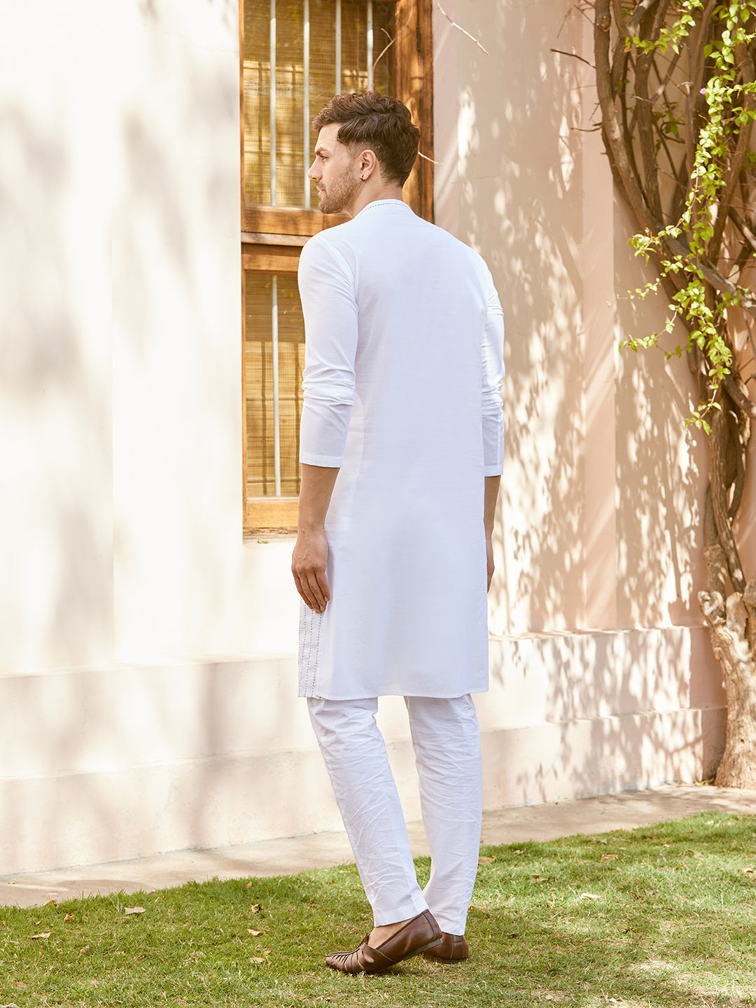 Men White Cotton Pintex Design Kurta