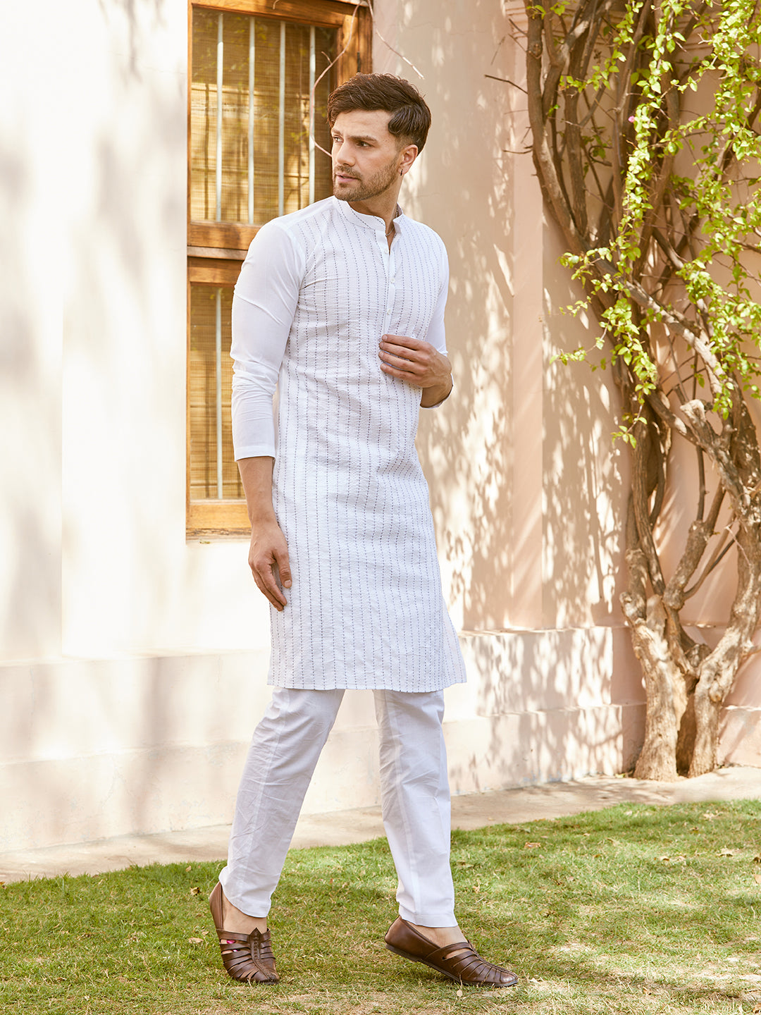 Men White Cotton Pintex Design Kurta