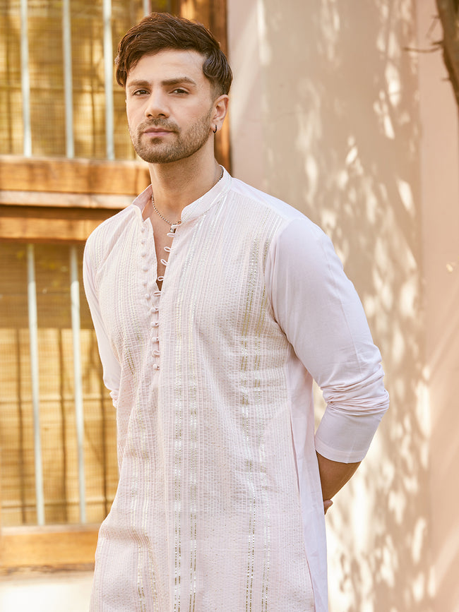 Men Pink Cotton Pintex Design Sequins Kurta