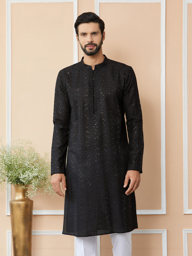 Men Black Embroidered Thread Work Sequinned Chanderi Silk Straight Kurta