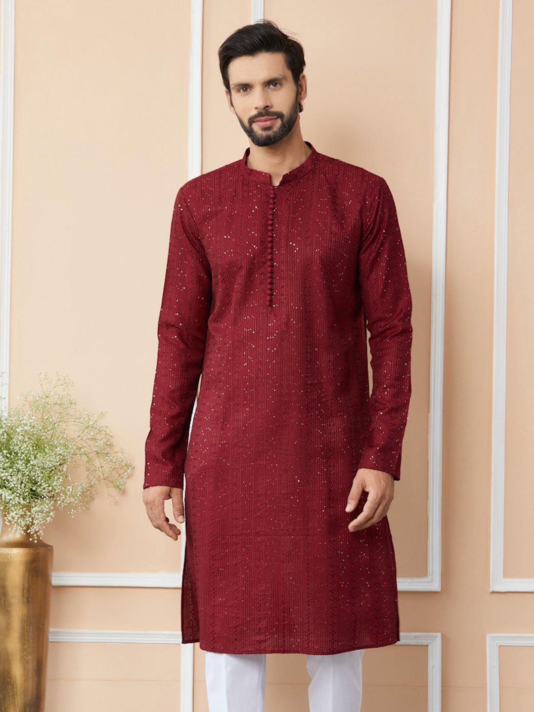 Men Dark Maroon Embroidered Thread Work Sequinned Chanderi Silk Straight Kurta