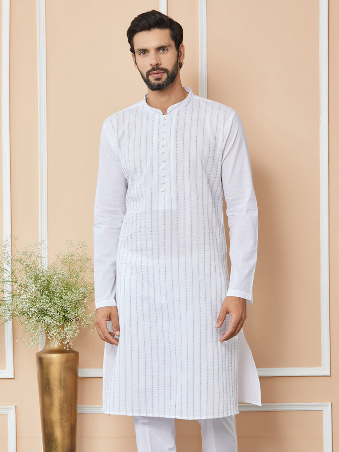 Men White Thread Worked Cotton Kurta