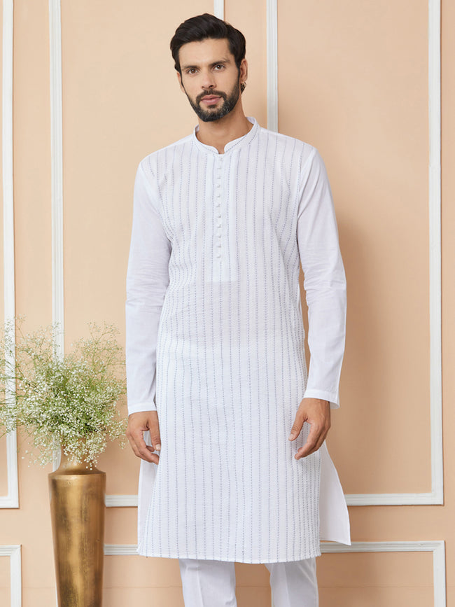 Men White Thread Worked Cotton Kurta