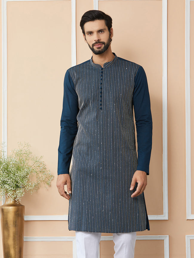 Men Dark Blue Thread & Sequin Worked Pure Cotton Straight Kurta