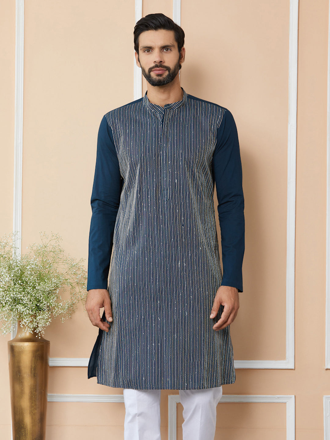 Men Dark Blue Thread & Sequin Worked Pure Cotton Straight Kurta