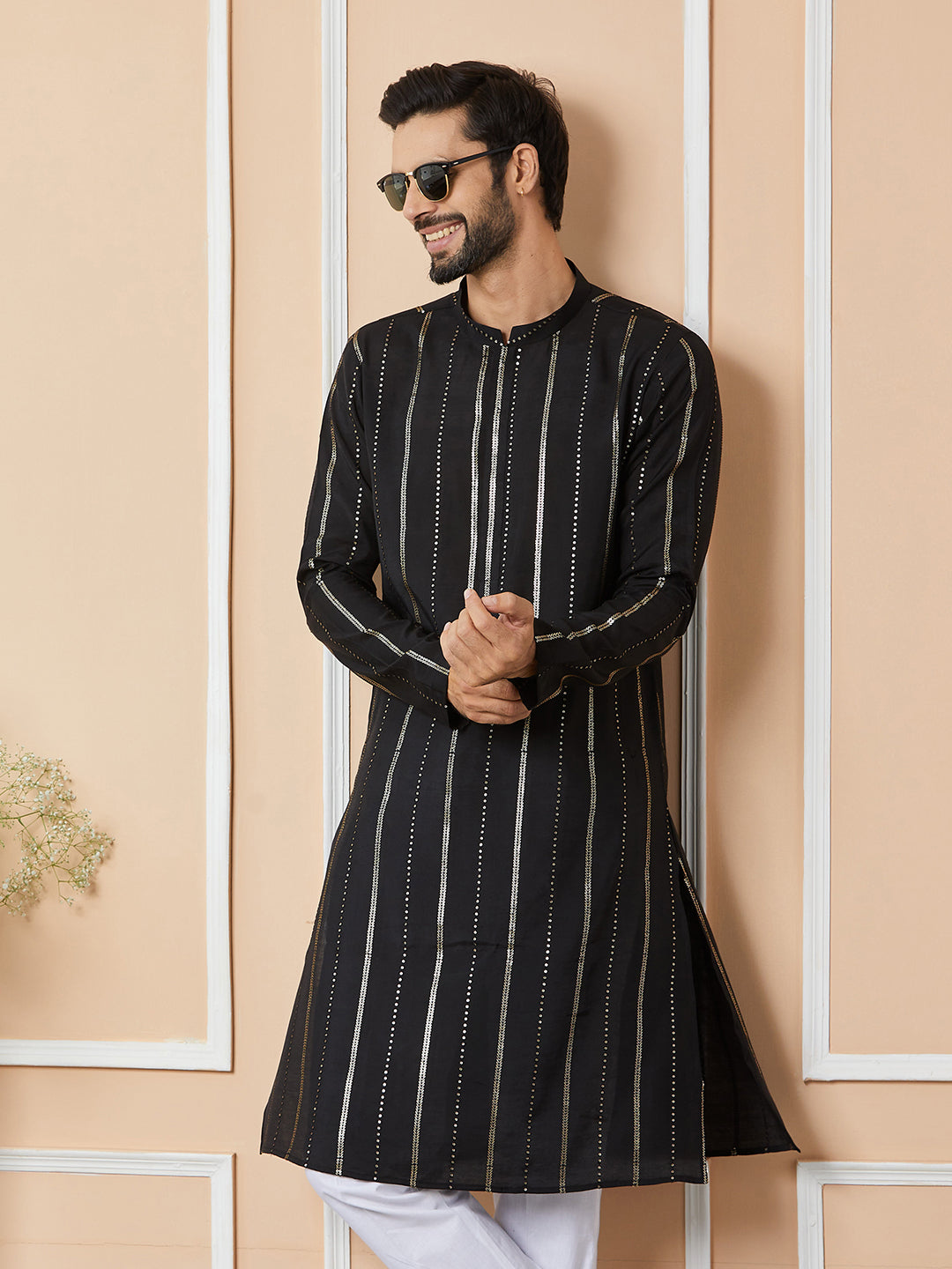 Men Black Sequins Embroidered Pure Chanderi Silk Straight Kurta