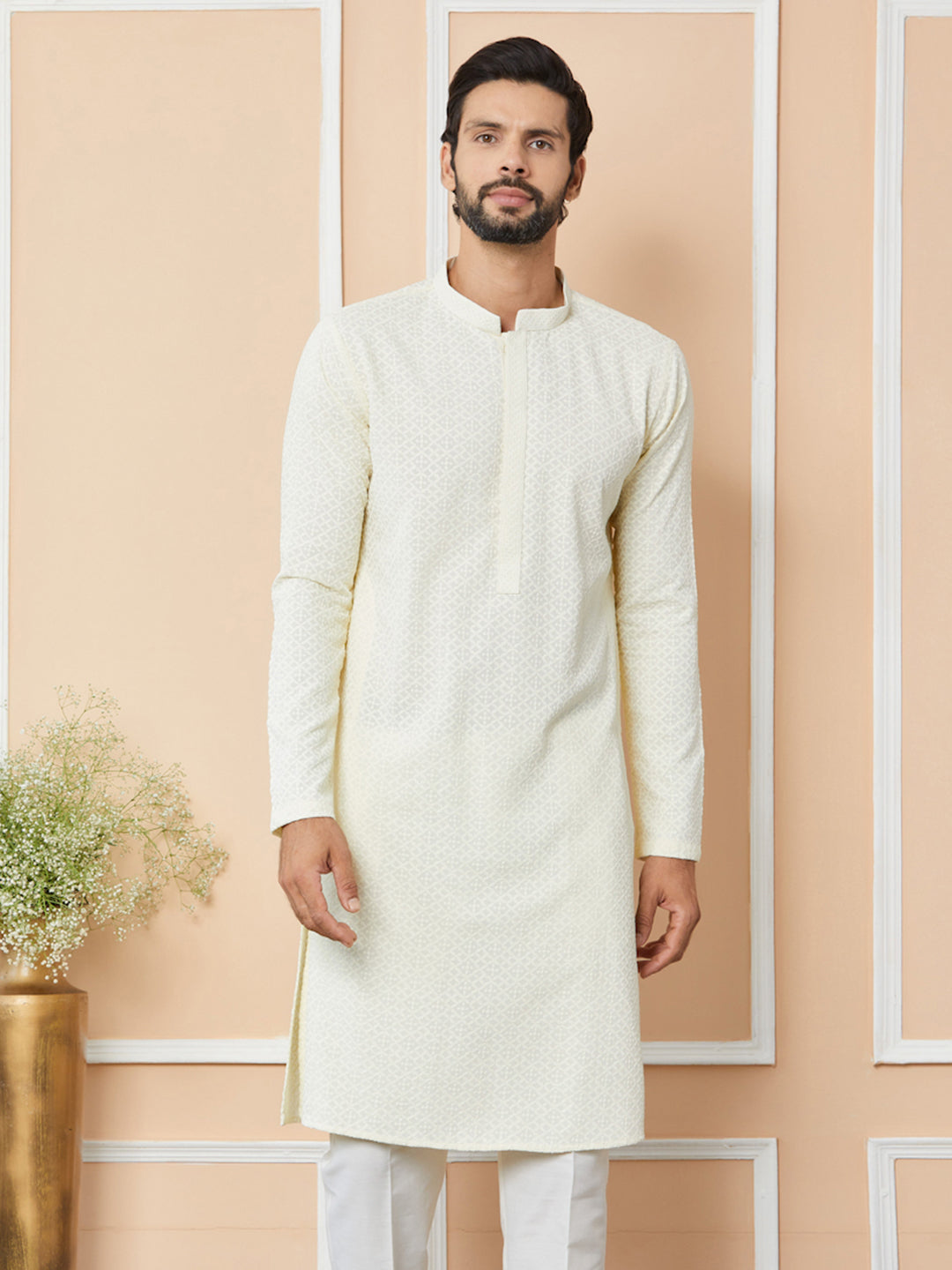Men Cream Embroidered Chikankari Rayon Straight Kurta