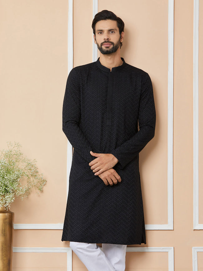 Men Black Embroidered Chikankari Rayon Straight Kurta