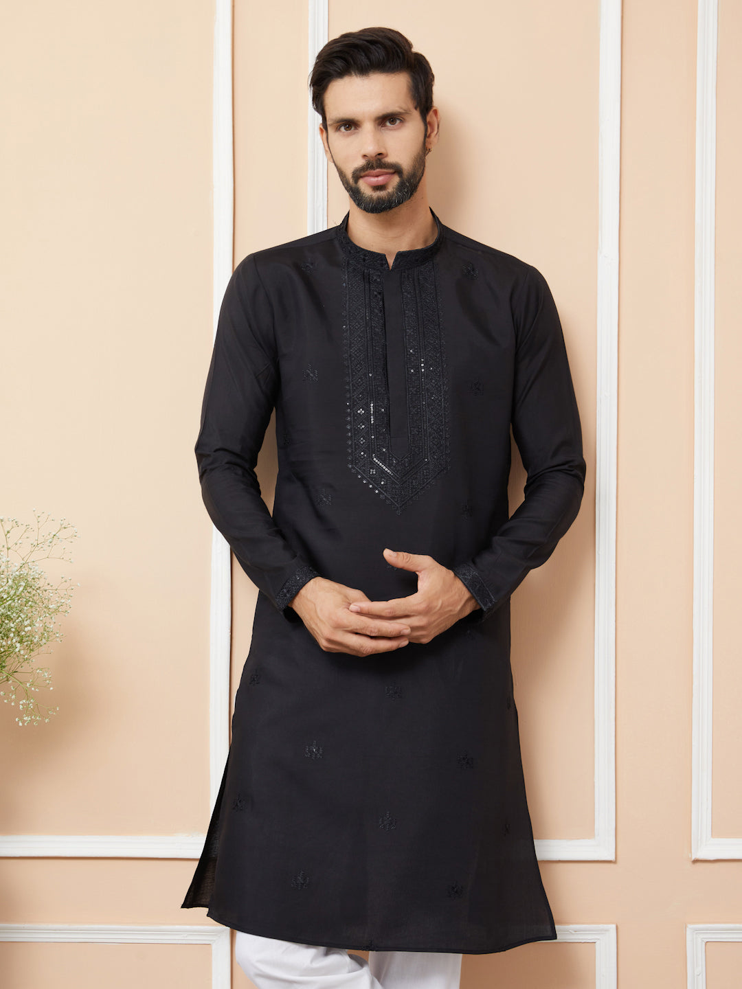 Men Black Embroidered Chanderi Silk Straight Kurta
