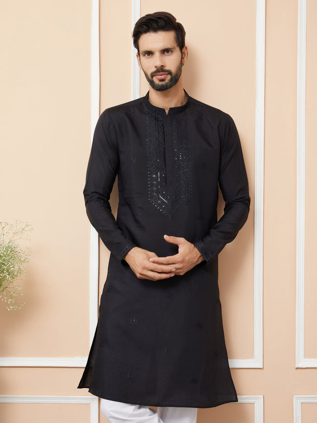 Men Black Embroidered Chanderi Silk Straight Kurta