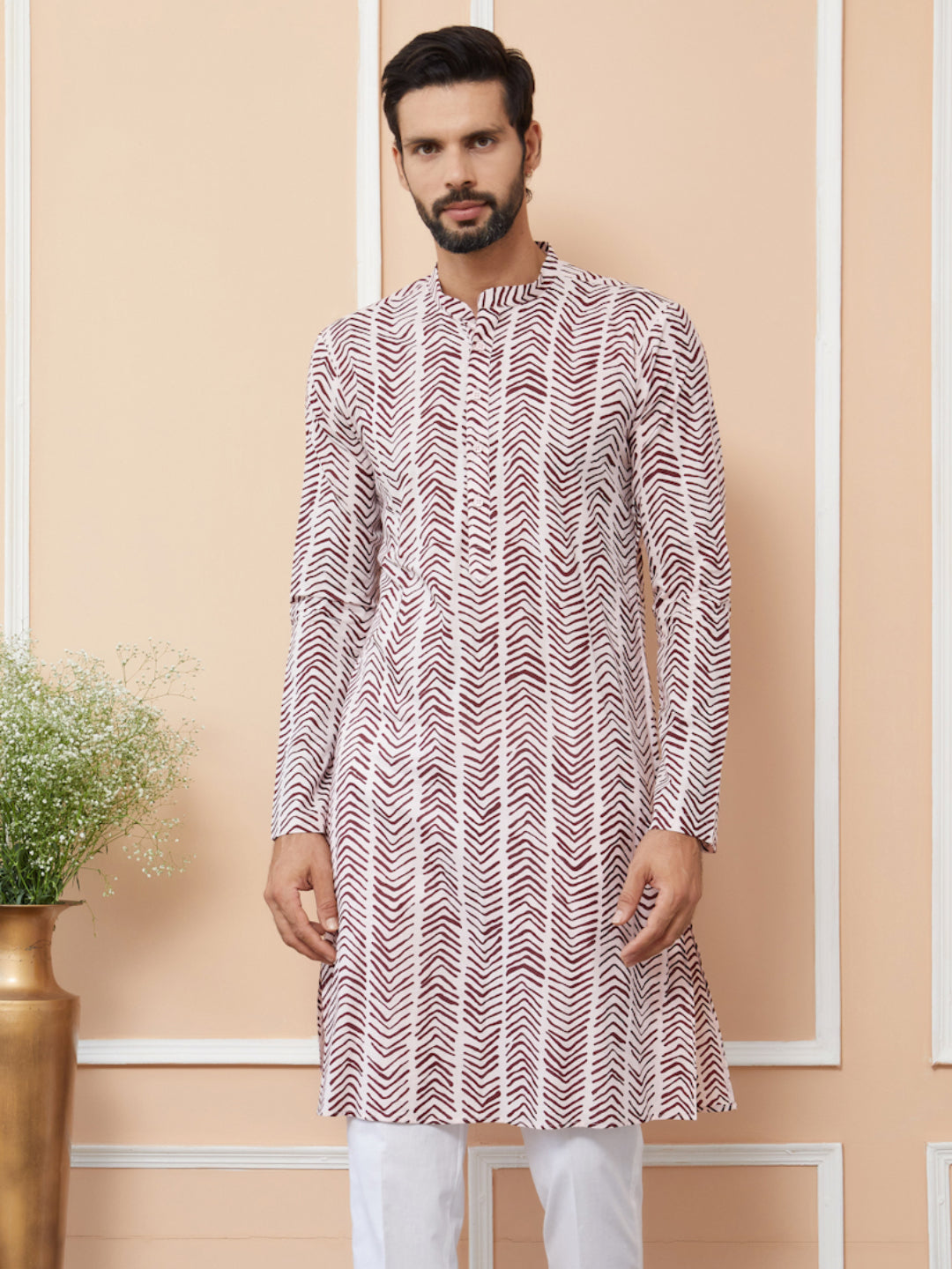 Men Baby Pink-Brown Printed Pure Cotton Straight Kurta