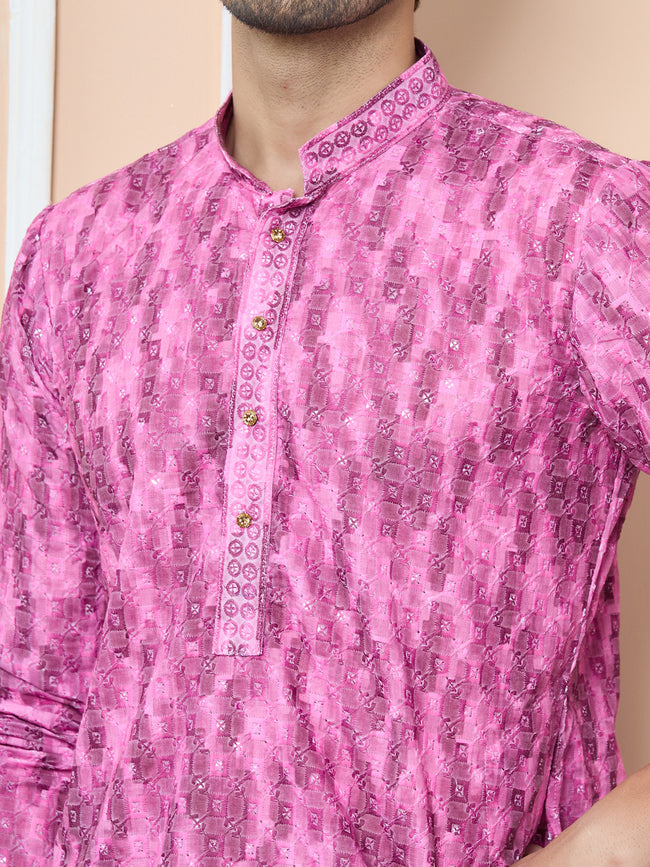 Men Magenta Tie & Dye & Embroidered Cotton Kurta