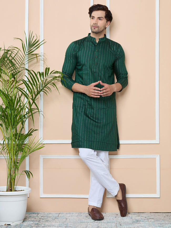 Men Dark Green Thread Work Straight Kurta