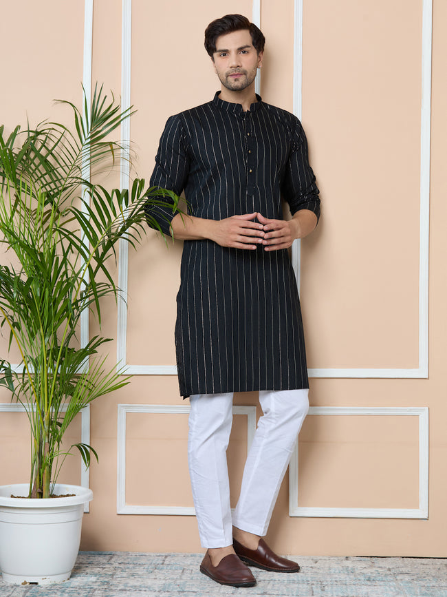 Men Black Thread Work Straight Kurta