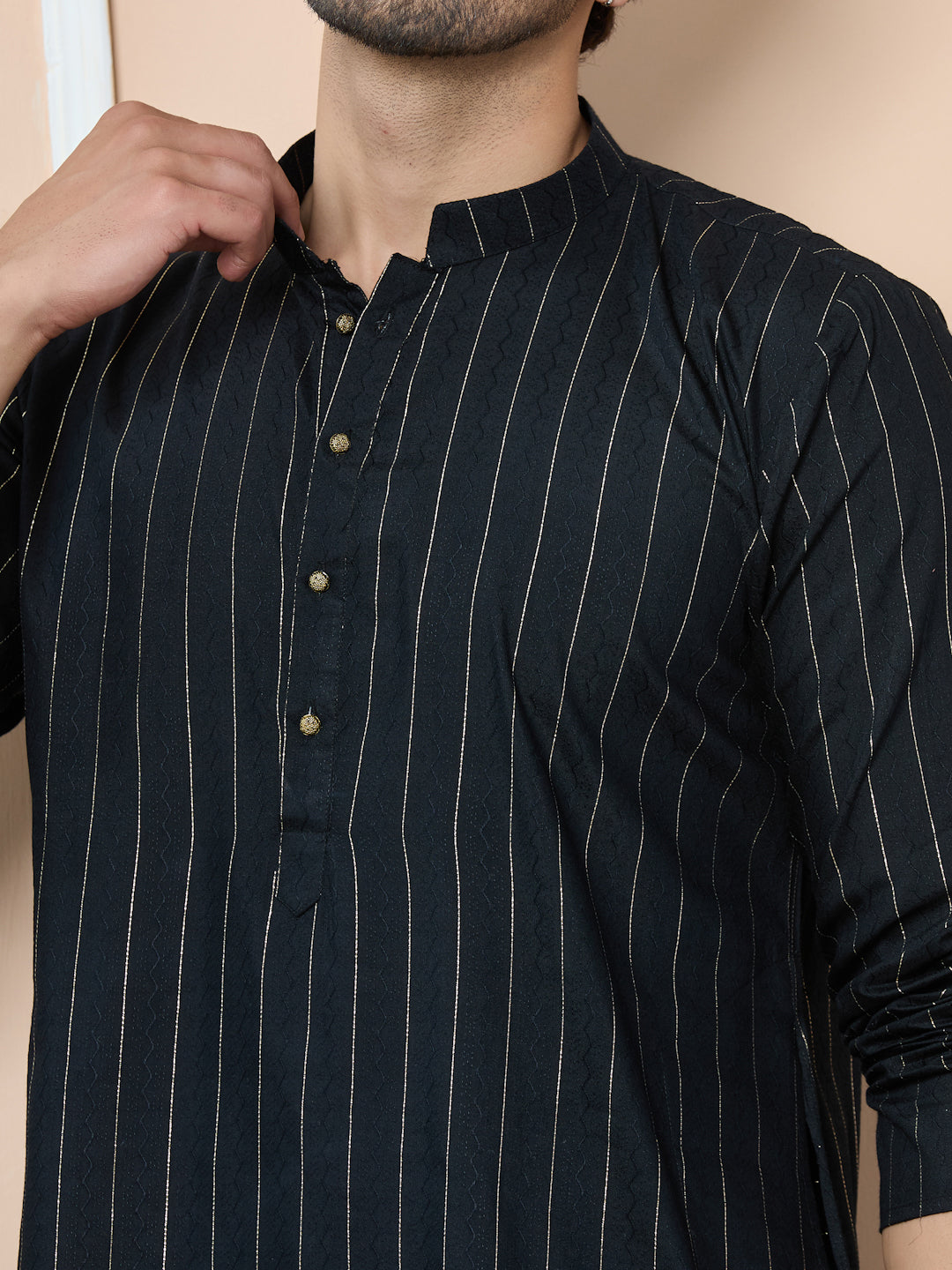 Men Black Thread Work Straight Kurta