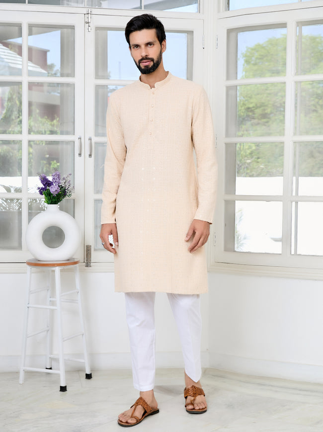 Men Beige Ethnic Motifs Sequins Embroidered Straight Kurta
