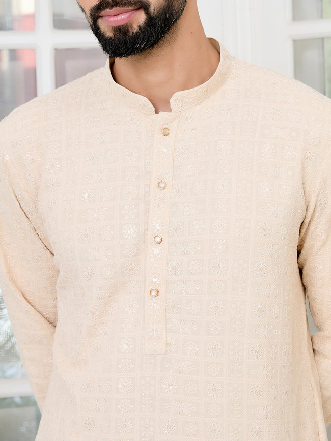Men Beige Ethnic Motifs Sequins Embroidered Straight Kurta