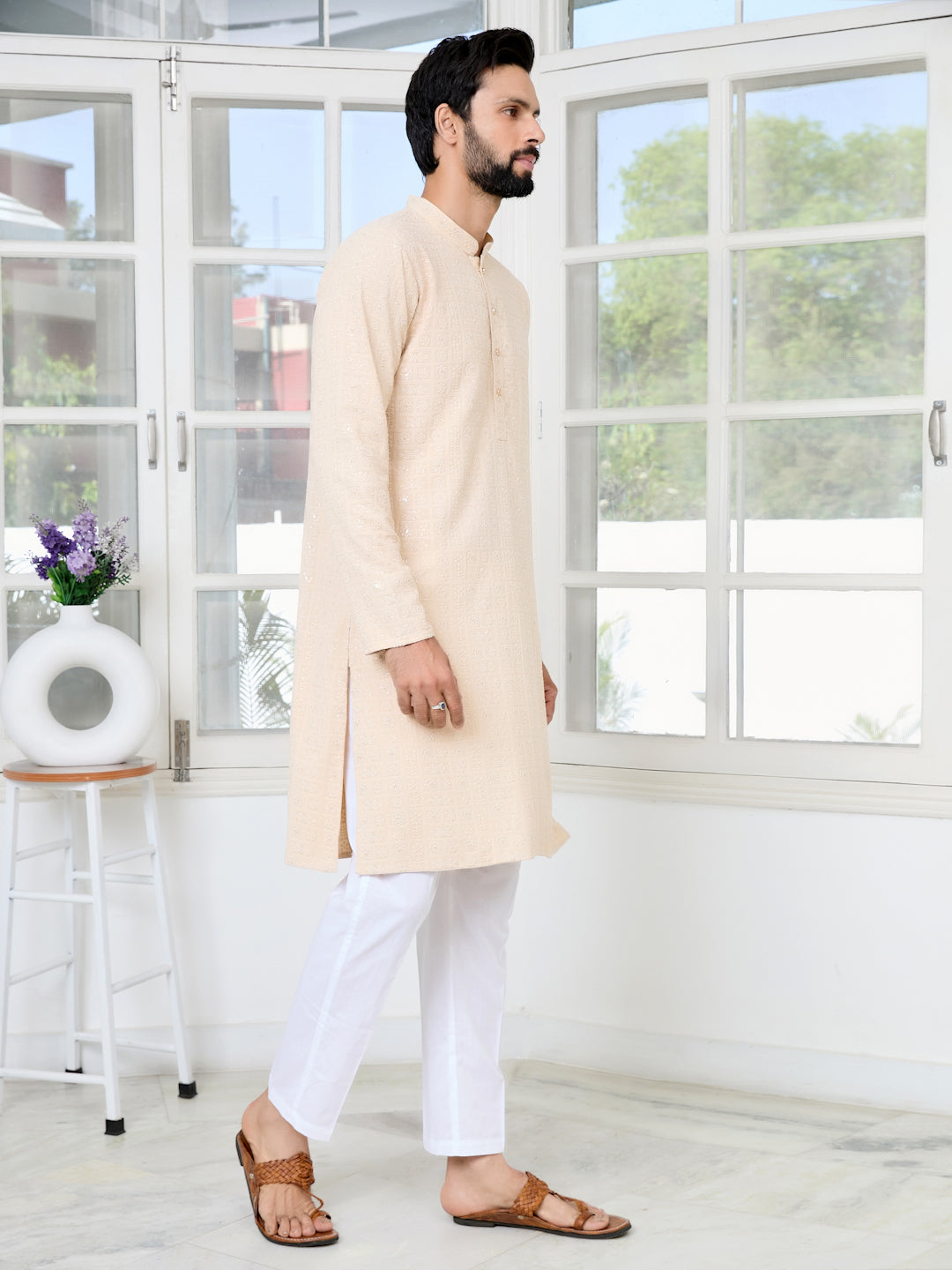 Men Beige Ethnic Motifs Sequins Embroidered Straight Kurta