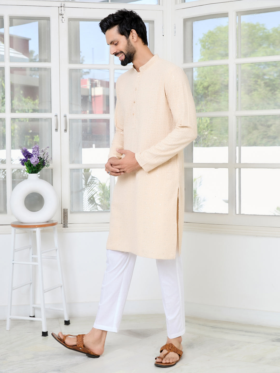 Men Beige Ethnic Motifs Sequins Embroidered Straight Kurta