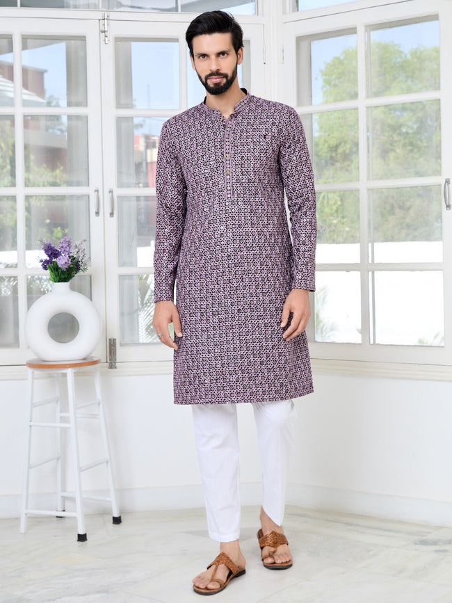 Men Purple Embroidered Kurta