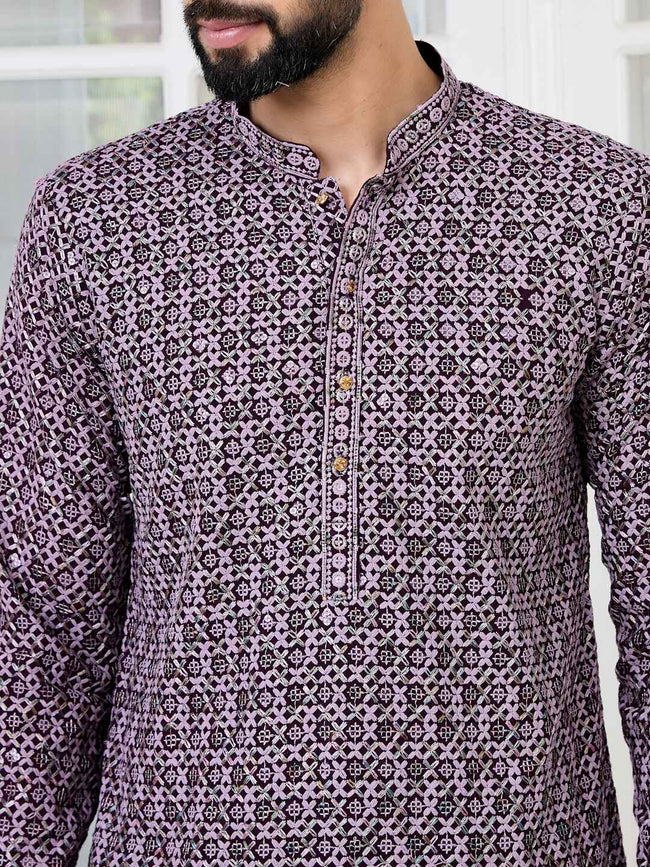 Men Purple Embroidered Kurta