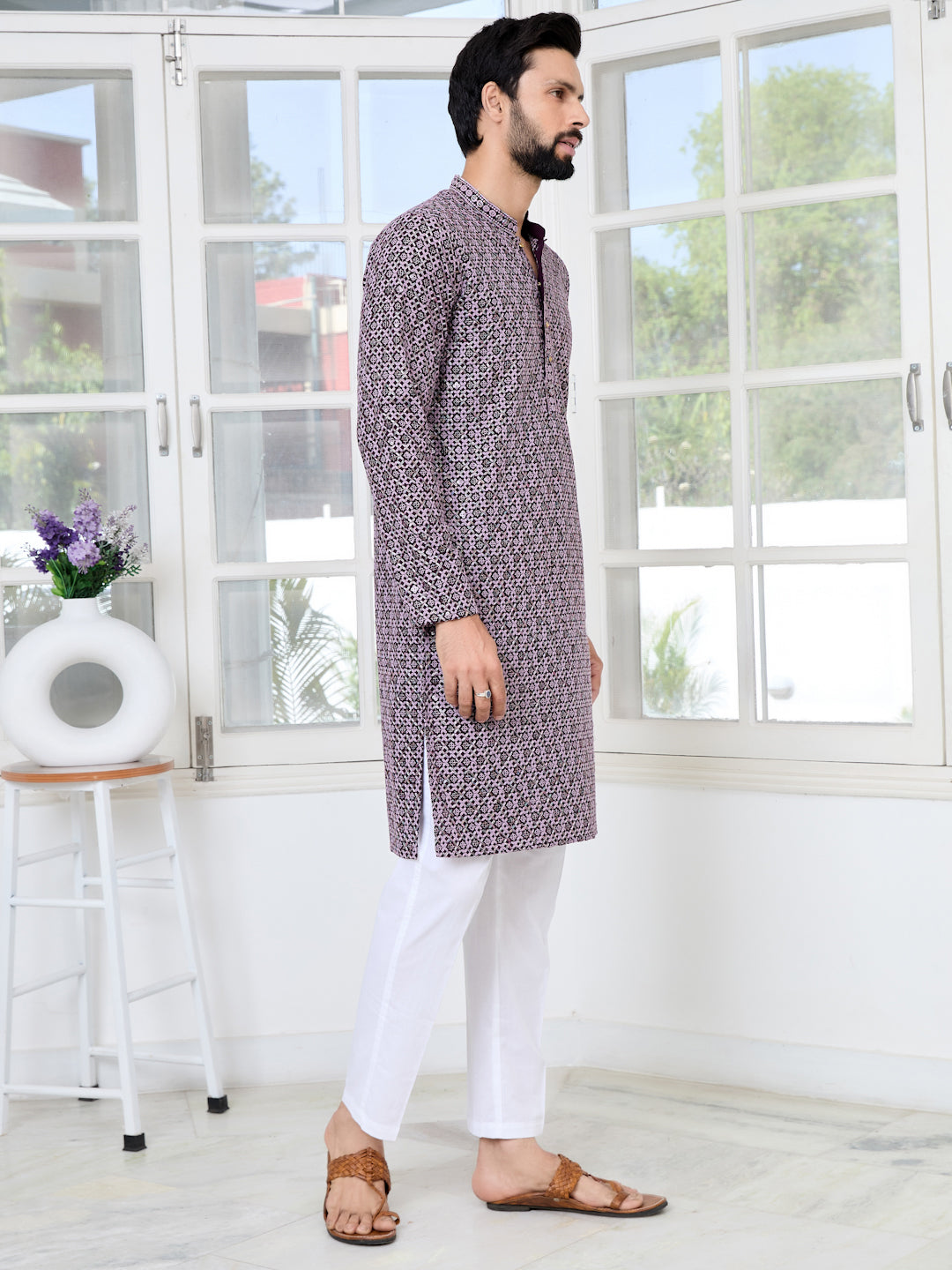 Men Purple Embroidered Kurta