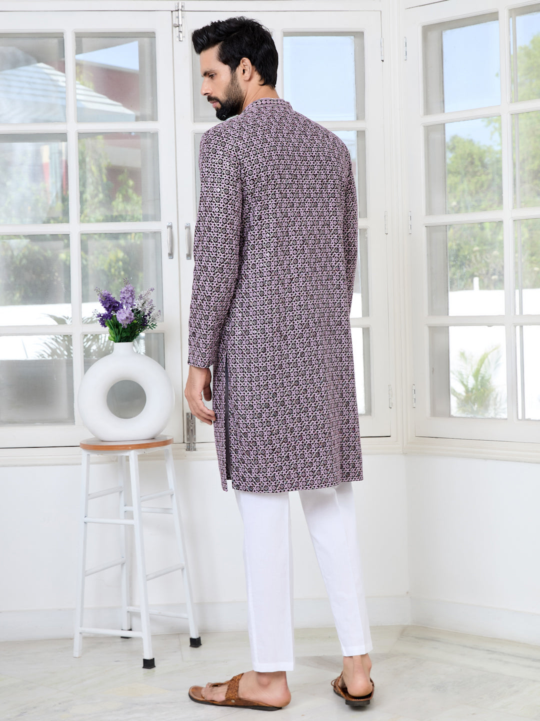 Men Purple Embroidered Kurta