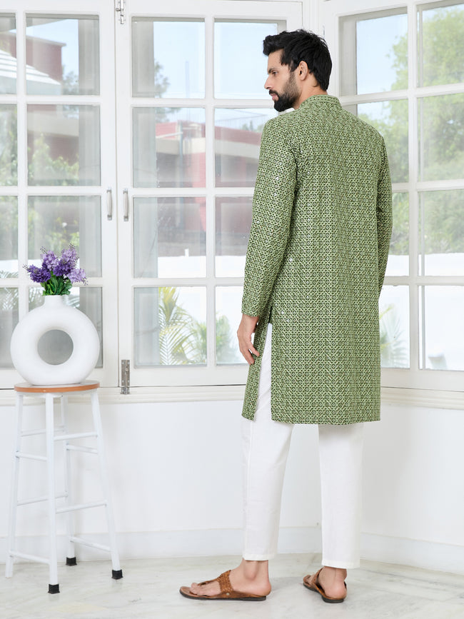 Men Green Embroidered Straight Kurta